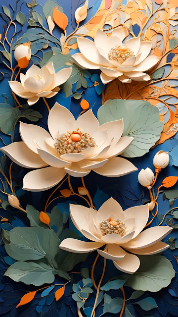 Layered Papercraft Lotus Flowers Blue Background Art - Free 4K & 8K Mobile Wallpaper