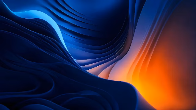 Smooth abstract three-dimensional curved layers in dark blue illuminated by warm orange light.