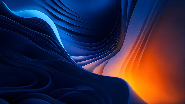 Sculpted ribbon curves in cobalt blue sweep across warm orange light gradients. Smooth abstract three-dimensional curved layers in dark blue illuminated by warm orange light.