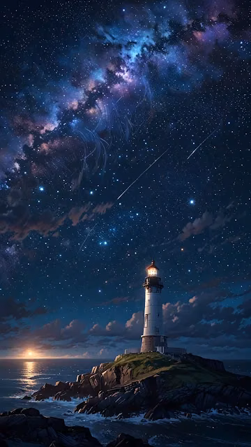 Lighthouse Under Galactic Night Sky - Free 4K & 8K Mobile Wallpaper