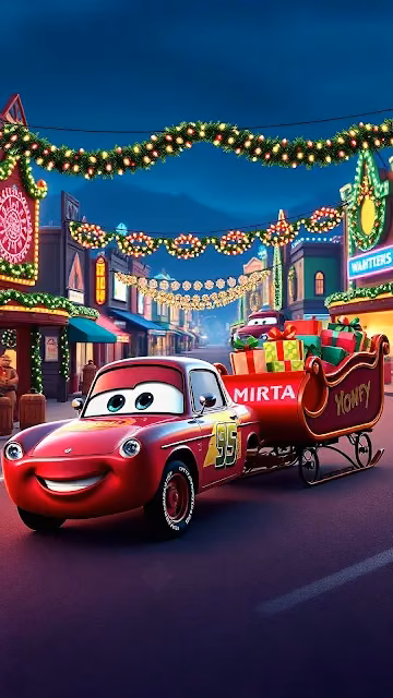 Lightning McQueen Delivering Gifts on Christmas Eve - Free 4K & 8K Mobile Wallpaper