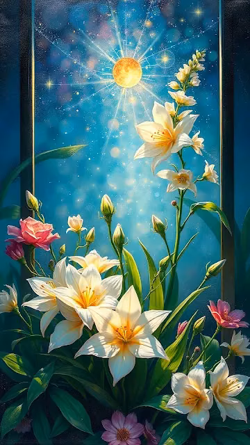 Lilies and Roses Under Radiant Cosmic Sun - Free 4K & 8K Mobile Wallpaper
