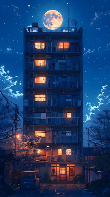 Lofi Apartment Building Under Giant Orange Moon - Free 4K & 8K Mobile Wallpaper