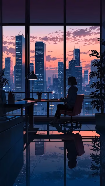 Lofi Girl Watching Pink Sunset Over City Skyline from Office - Free 4K & 8K Mobile Wallpaper