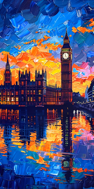 London Big Ben Impasto Sunset Thames River Painting - Free 4K & 8K Mobile Wallpaper