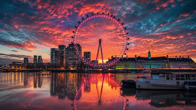 The London Eye glows magenta over the River Thames during a dramatic crimson sunset. London Eye illuminated in pink, reflecting on the calm River Thames under an orange and purple sunset sky.