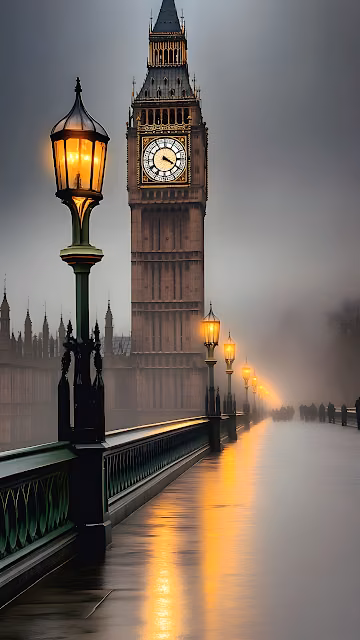 London's Big Ben in Foggy Dusk with Glowing Street Lamps - Free 4K & 8K Mobile Wallpaper