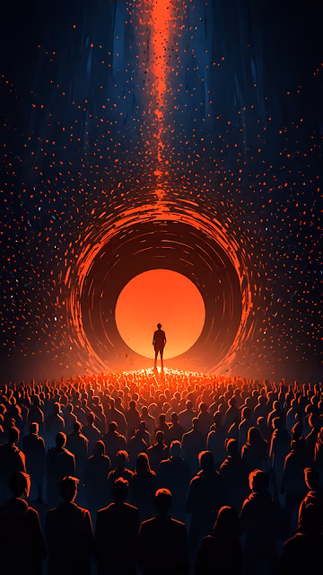 Lone Figure Addressing Crowd Red Particle Vortex - Free 4K & 8K Mobile Wallpaper