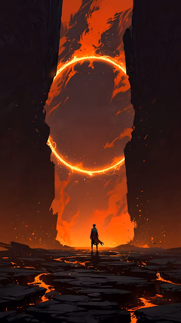 Lone Figure Before Fiery Eclipse in Volcanic Canyon - Free 4K & 8K Mobile Wallpaper