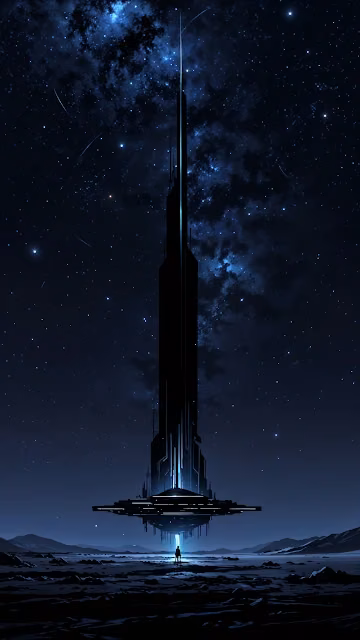 Lone Figure Before Floating Sci-Fi Tower at Night - Free 4K & 8K Mobile Wallpaper