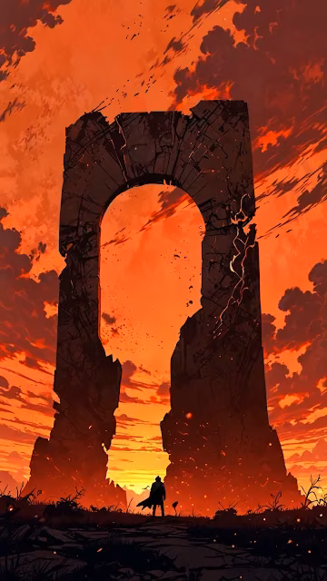 Lone Figure Before Ruined Arch at Fiery Sunset - Free 4K & 8K Mobile Wallpaper