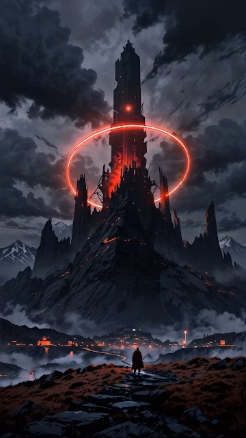 Lone Figure Before Tower with Glowing Red Ring - Free 4K & 8K Mobile Wallpaper