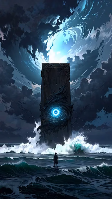 Lone figure faces towering monolith with glowing eye in stormy sea - Free 4K & 8K Mobile Wallpaper