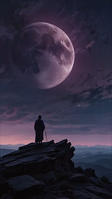 Lone Figure Gazing at Giant Purple Moon - Free 4K & 8K Mobile Wallpaper