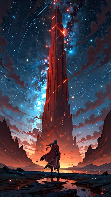 Lone Figure Gazing at Glowing Red Tower Under Starry Sky - Free 4K & 8K Mobile Wallpaper