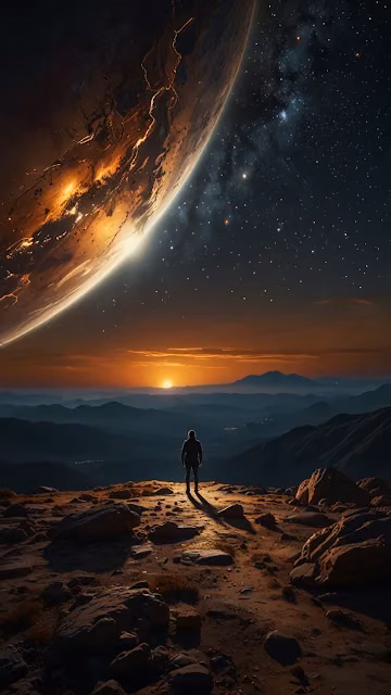 Lone figure stands on alien world beneath massive glowing planet - Free 4K & 8K Mobile Wallpaper