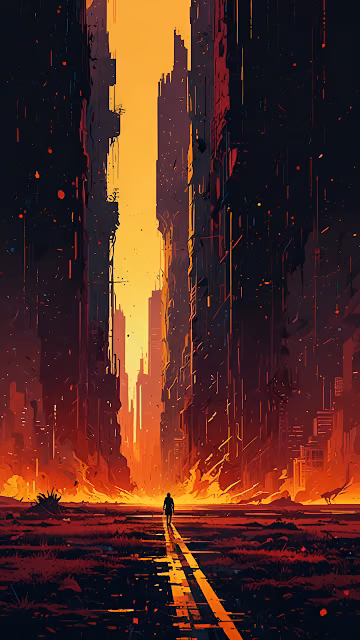Lone Figure Walking Through Fiery Futuristic City Canyon - Free 4K & 8K Mobile Wallpaper
