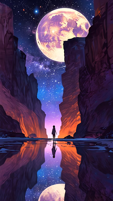 Lone figure walks through canyon under giant glowing moon - Free 4K & 8K Mobile Wallpaper