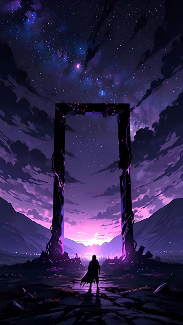 Lone figure walks toward glowing purple portal under starry sky - Free 4K & 8K Mobile Wallpaper