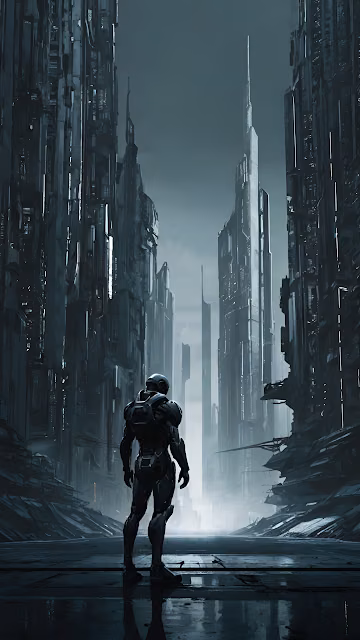 Lone Soldier in Armor Standing in Desolate Cyberpunk City - Free 4K & 8K Mobile Wallpaper