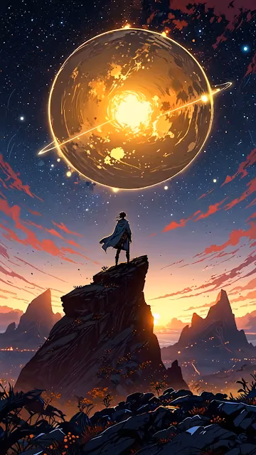 Lone traveler stands on cliff beneath glowing ringed planet - Free 4K & 8K Mobile Wallpaper