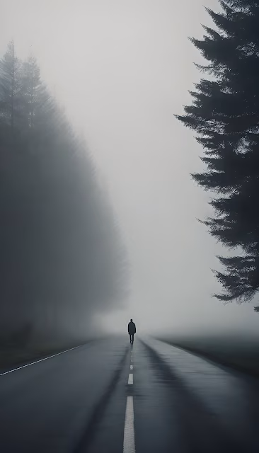 Lone Walker on Foggy Forest Road Atmospheric Scene - Free 4K & 8K Mobile Wallpaper