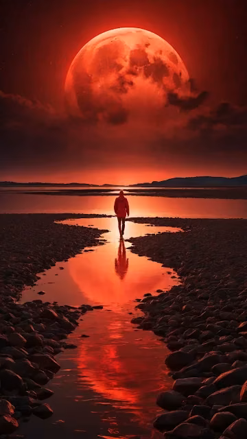 Lone Walker on River Path Under Blood Moon - Free 4K & 8K Mobile Wallpaper