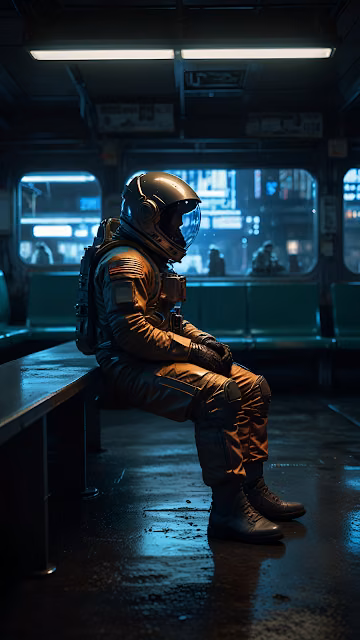 Lonely Astronaut Commuting on Dark Cyberpunk Subway Train - Free 4K & 8K Mobile Wallpaper