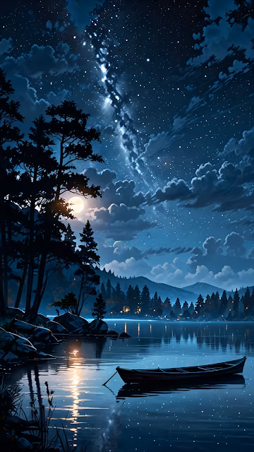 Lonely Boat on Lake Under Starry Night Sky - Free 4K & 8K Mobile Wallpaper