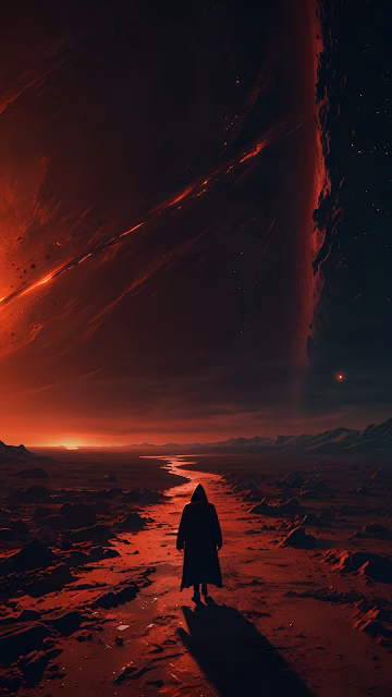 Lonely Figure Under Crimson Sky on Alien World - Free 4K & 8K Mobile Wallpaper