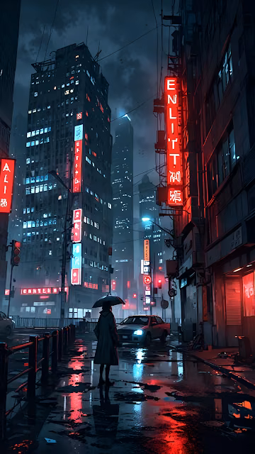 Lonely Figure Under Umbrella in Rainy Neon City Street - Free 4K & 8K Mobile Wallpaper