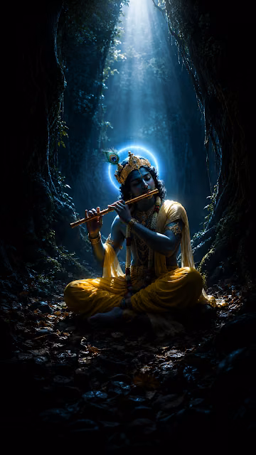 Lord Krishna Silhouetted in Misty Forest Playing Flute - Free 4K & 8K Mobile Wallpaper