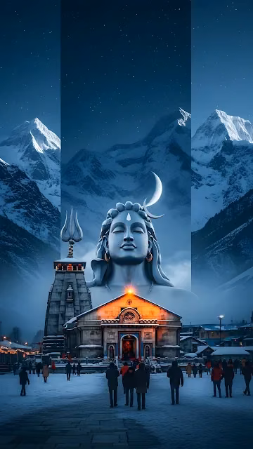 Lord Shiva Statue and Kedarnath Temple in Himalayas - Free 4K & 8K Mobile Wallpaper