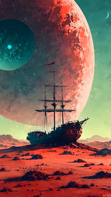 Lost Pirate Ship on Red Desert Planet Dual Celestial Bodies - Free 4K & 8K Mobile Wallpaper