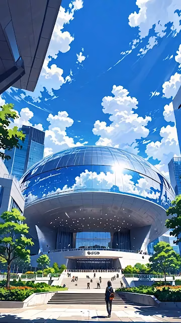 Low Angle View of Futuristic Glass Dome Building Anime Style - Free 4K & 8K Mobile Wallpaper