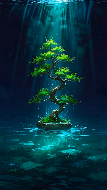 Luminous Bonsai Tree Floating on Water Under Sunbeams - Free 4K & 8K Mobile Wallpaper