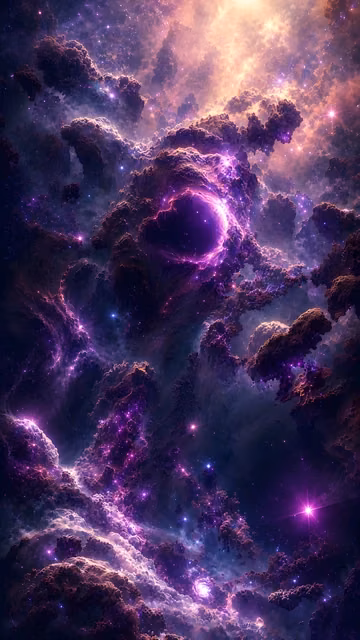 Glowing violet vortex opens within towering purple nebula clouds surrounded by stars and bright cosmic light.