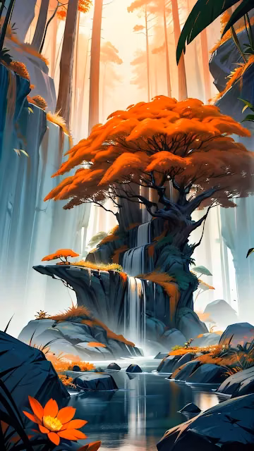 Luminous Fantasy Tree with Waterfall in Misty Forest - Free 4K & 8K Mobile Wallpaper