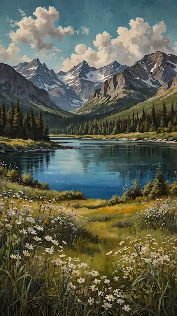 Lush Alpine Meadow with Daisy Flowers and Mountain Lake - Free 4K & 8K Mobile Wallpaper