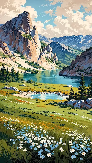 Lush Alpine Meadow with Flowers and Rocky Mountains - Free 4K & 8K Mobile Wallpaper