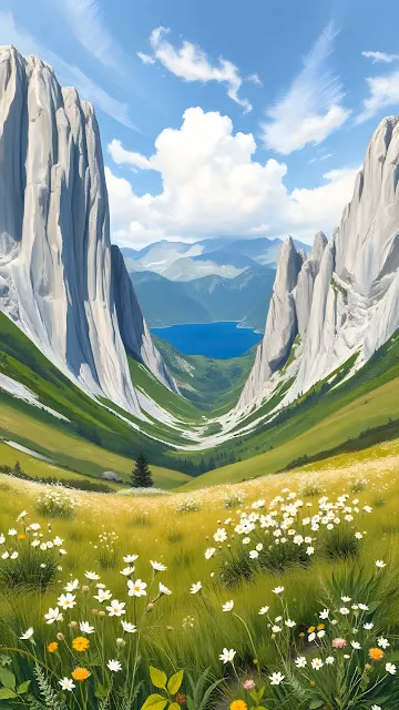 Lush Alpine Valley Meadow Lake Oil Painting Style - Free 4K & 8K Mobile Wallpaper