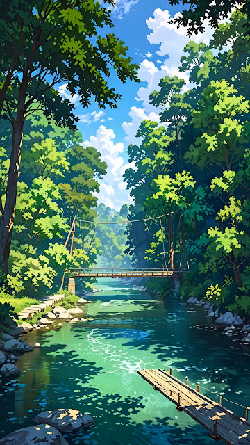 Lush Green Forest River Anime Style Scenic View - Free 4K & 8K Mobile Wallpaper