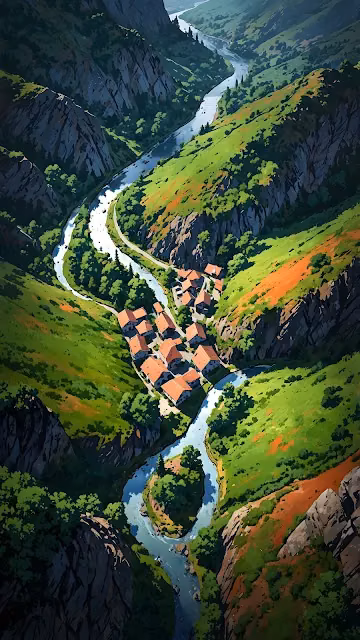 Lush Green Valley Village with Winding River Aerial Art - Free 4K & 8K Mobile Wallpaper