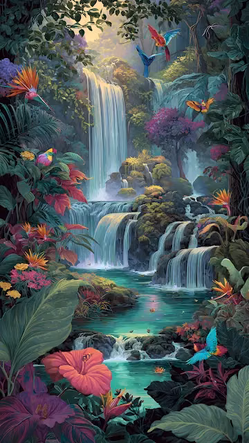 Lush Tropical Jungle Waterfall Vibrant Exotic Birds Painting - Free 4K & 8K Mobile Wallpaper