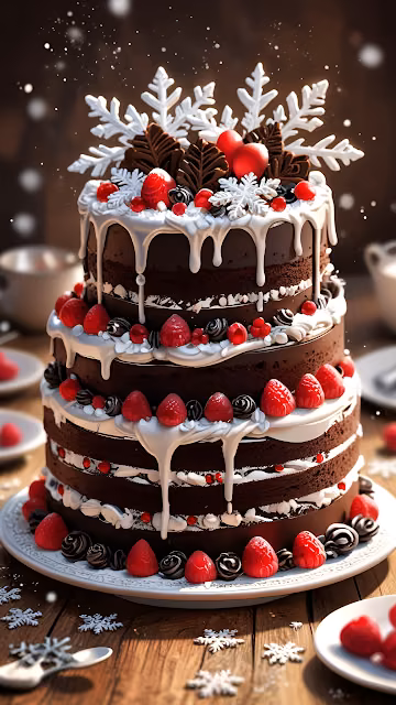 Luxurious Chocolate Cake with Raspberries and Snowflakes - Free 4K & 8K Mobile Wallpaper