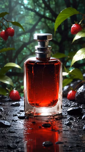 Luxury Red Perfume Bottle Forest Setting Wet Rocks - Free 4K & 8K Mobile Wallpaper