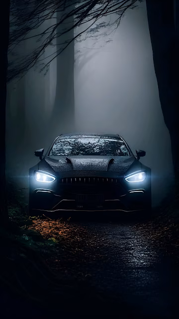 Luxury Sports Car Headlights in Dark Misty Forest Road - Free 4K & 8K Mobile Wallpaper