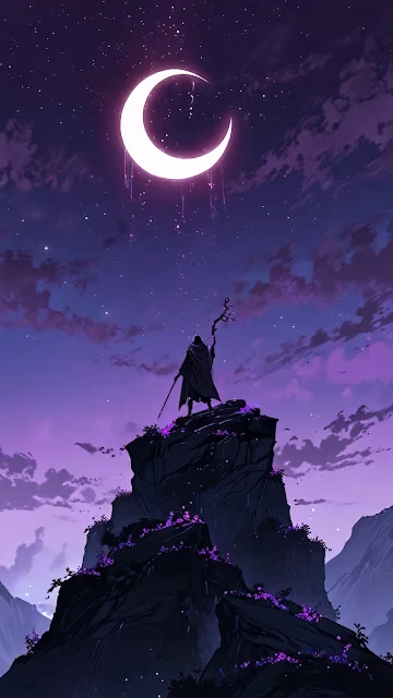Mage on Cliff Under Glowing Crescent Moon - Free 4K & 8K Mobile Wallpaper