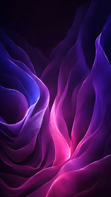 Layered violet and magenta folds flow vertically across a dark abstract background.