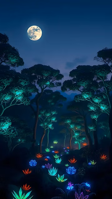 Magical Bioluminescent Forest under Full Moon - Free 4K & 8K Mobile Wallpaper